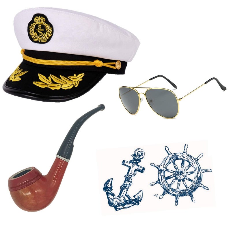 Feacole Sailor Ship Yacht Boat Captain Hat Costume Accessories - Sailor Cap,Wooden Pipe,Aviator Sunglasses White - Image 1